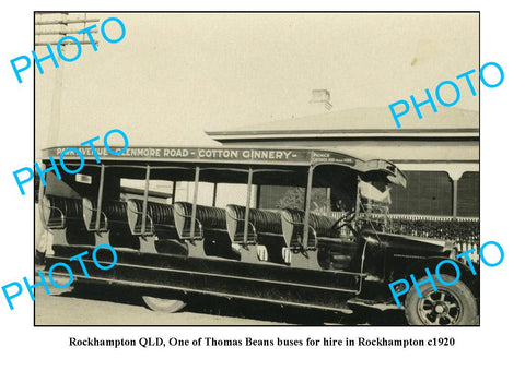 OLD LARGE PHOTO FEATURING ROCKHAMPTON QLD THOMAS BEANS BUS SERVICE VEHICLE c1920