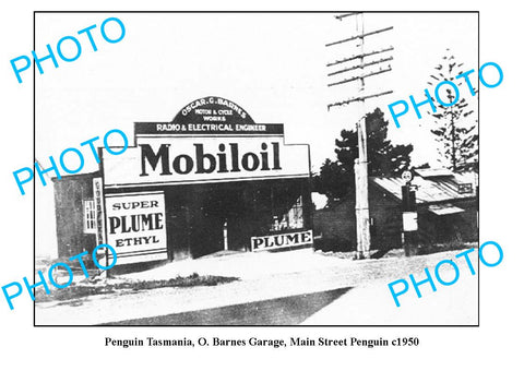 OLD LARGE PHOTO FEATURING PENGUIN TASMANIA, BARNES GARAGE, MAIN ST c1950 MOBIL