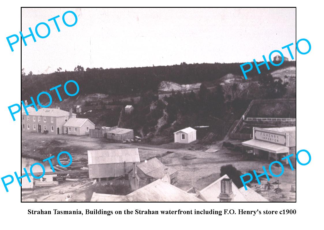 OLD LARGE PHOTO FEATURING STRAHAN TASMANIA, VIEW OF WATERFRONT & STORE c1900