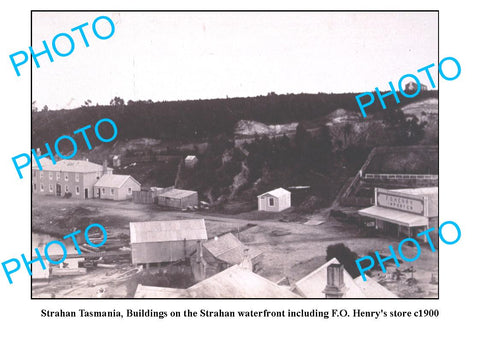 OLD LARGE PHOTO FEATURING STRAHAN TASMANIA, VIEW OF WATERFRONT & STORE c1900