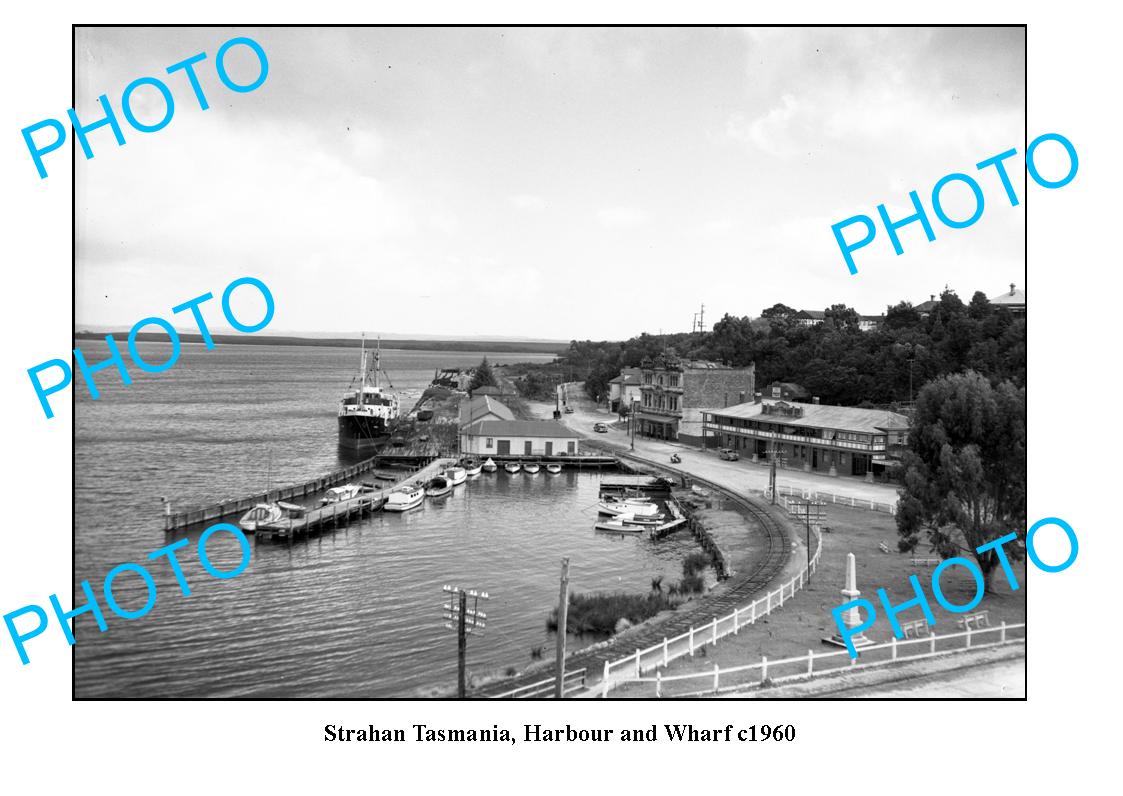 OLD LARGE PHOTO FEATURING STRAHAN TASMANIA, THE HARBOUR & WHARF c1960