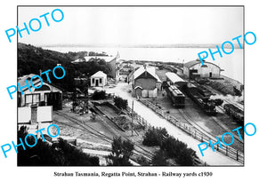 OLD LARGE PHOTO FEATURING STRAHAN TASMANIA, RAILWAY YARDS & REGATTA POINT c1930