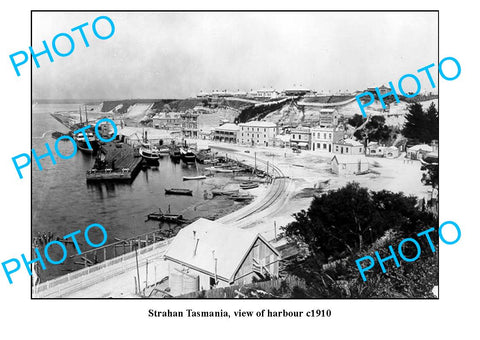 OLD LARGE PHOTO FEATURING STRAHAN TASMANIA, VIEW OF THE HARBOUR c1910