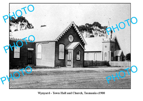 OLD LARGE PHOTO FEATURING WYNYARD TASMANIA, VIEW OF CHURCH & TOWN HALL c1900