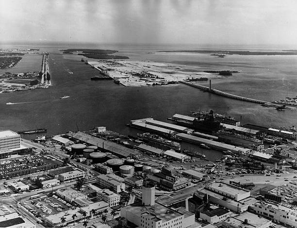 OLD LARGE PHOTO, aerial view of Miami Florida, the docks & harbor c1950