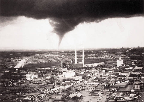 OLD LARGE PHOTO, aerial view of Dallas Texas with tornado approaching 1957