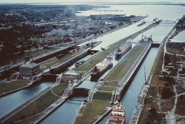 OLD LARGE PHOTO, aerial view of Soo Locks, Sault Ste Marie Michigan 1960