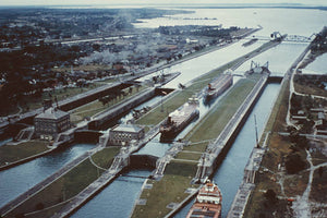 OLD LARGE PHOTO, aerial view of Soo Locks, Sault Ste Marie Michigan 1960