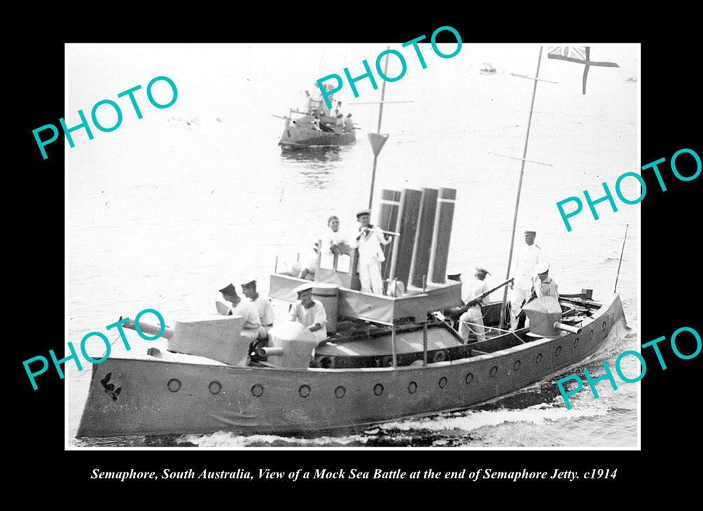 OLD LARGE HISTORIC PHOTO SEMAPHORE SOUTH AUSTRALIA, THE MOCK BATTLE SHIP c1914