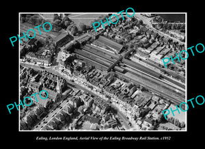 OLD LARGE HISTORIC PHOTO EALING LONDON ENGLAND, AERIAL VIEW RAILWAY STATION 1952