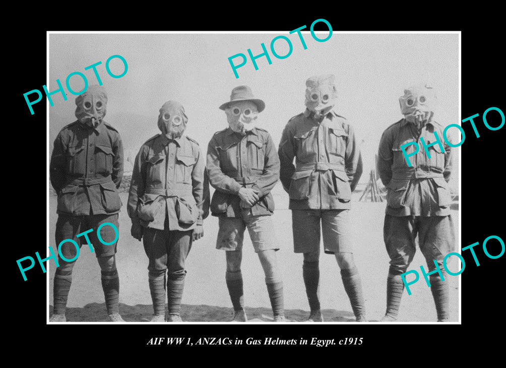 OLD LARGE HISTORIC PHOTO AUSTRALIAN MILITARY WWI, AIF SOLDIERS IN GAS MASKS 1915