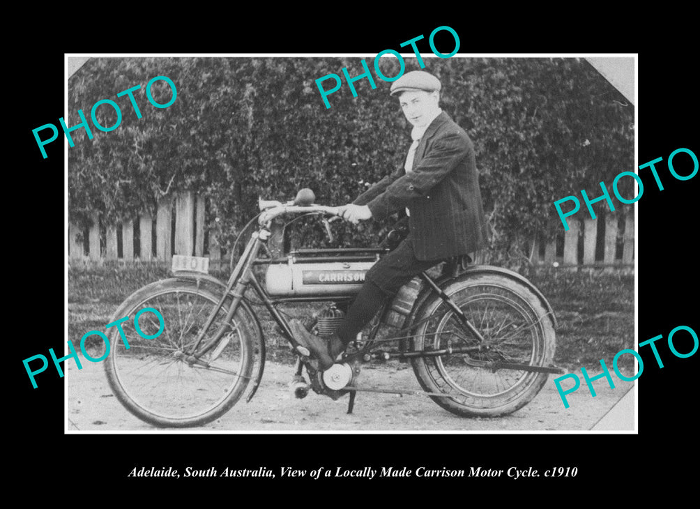 OLD LARGE HISTORIC PHOTO ADELAIDE SOUTH AUSTRALIA, THE CARRISON MOTORCYCLE c1910