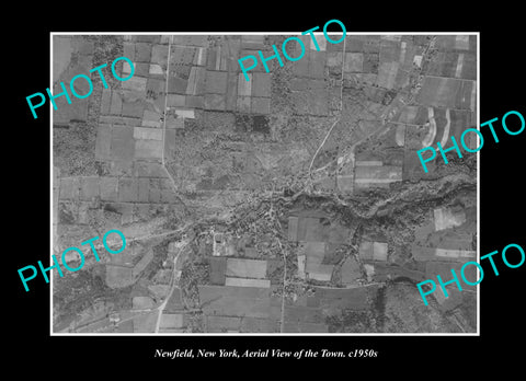 OLD LARGE HISTORIC PHOTO NEWFIELD NEW YORK, AERIAL VIEW OF THE TOWN c1950