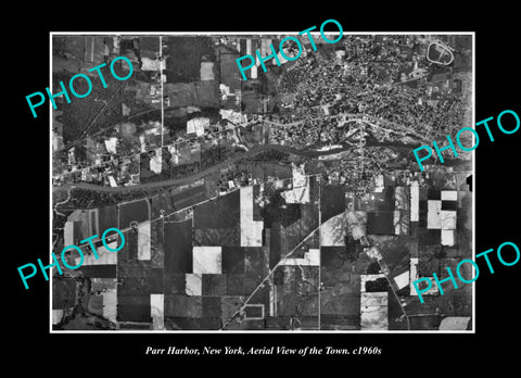 OLD LARGE HISTORIC PHOTO PARR HARBOR NEW YORK, AERIAL VIEW OF THE TOWN c1960