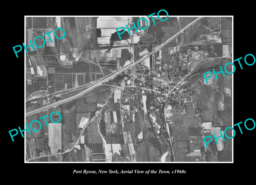 OLD LARGE HISTORIC PHOTO PORT BYRON NEW YORK, AERIAL VIEW OF THE TOWN c1960