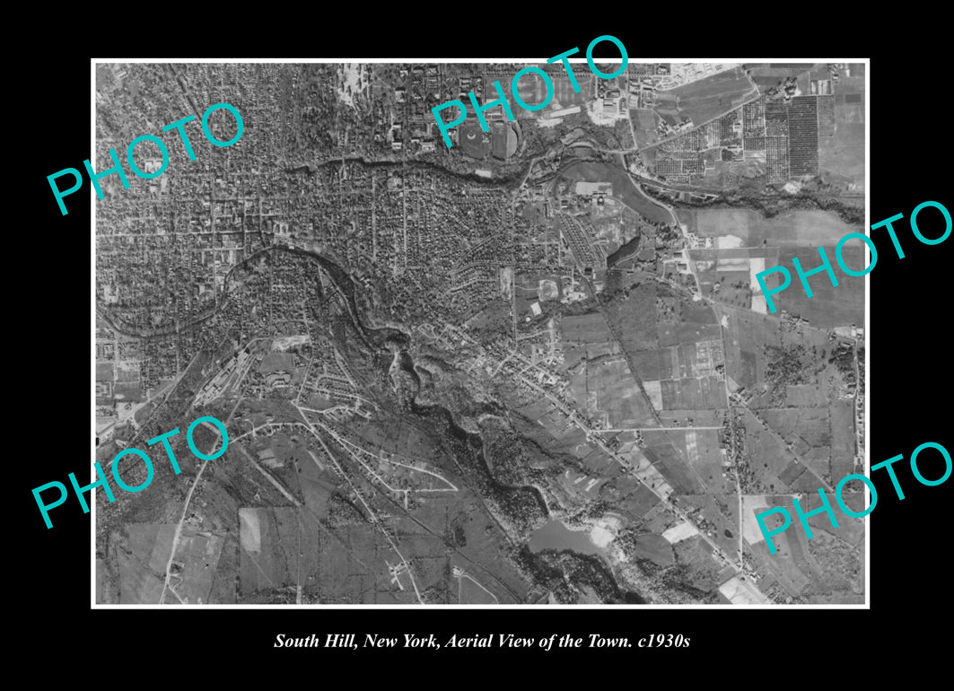 OLD LARGE HISTORIC PHOTO SOUTH HILL NEW YORK, AERIAL VIEW OF THE TOWN c1930