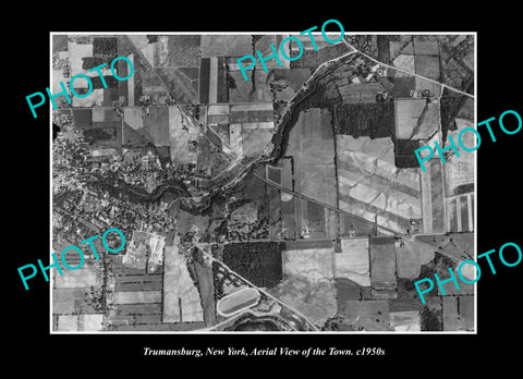 OLD LARGE HISTORIC PHOTO TRUMANSBURG NEW YORK, AERIAL VIEW OF THE TOWN c1950