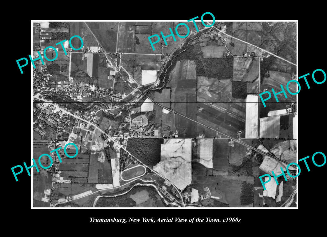 OLD LARGE HISTORIC PHOTO TRUMANSBURG NEW YORK, AERIAL VIEW OF THE TOWN c1960