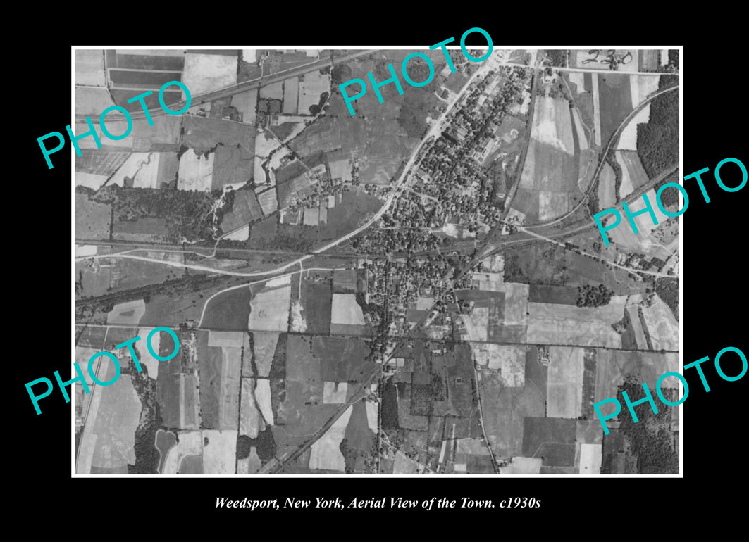 OLD LARGE HISTORIC PHOTO WEEDSPORT NEW YORK, AERIAL VIEW OF THE TOWN c1930