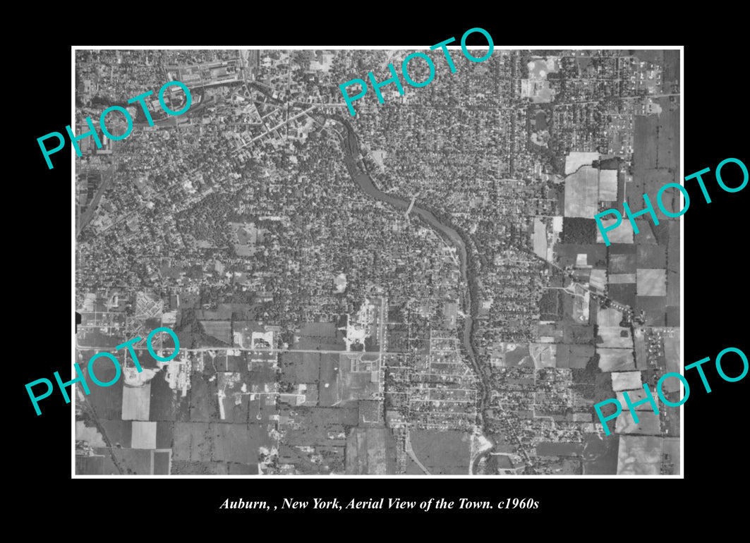 OLD LARGE HISTORIC PHOTO AUBURN NEW YORK, AERIAL VIEW OF THE TOWN c1960