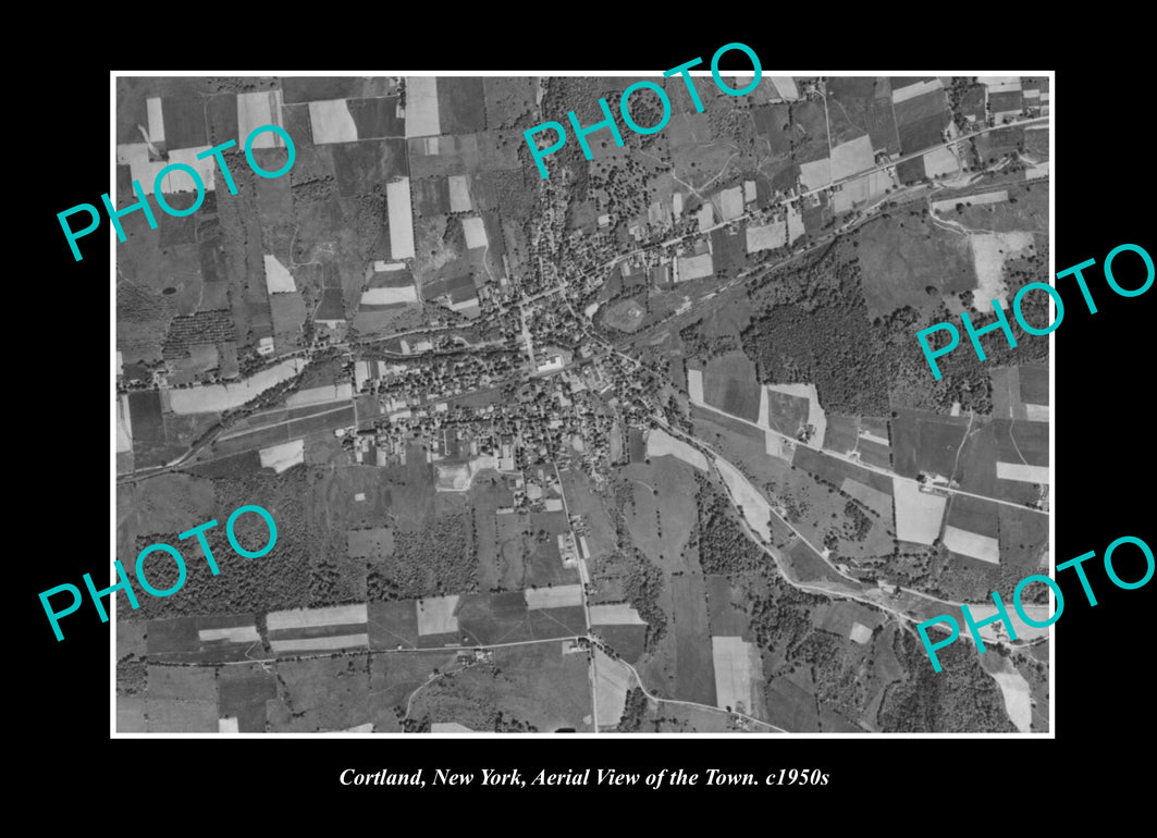 OLD LARGE HISTORIC PHOTO CORTLAND NEW YORK, AERIAL VIEW OF THE TOWN c1950