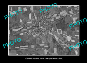 OLD LARGE HISTORIC PHOTO CORTLAND NEW YORK, AERIAL VIEW OF THE TOWN c1950