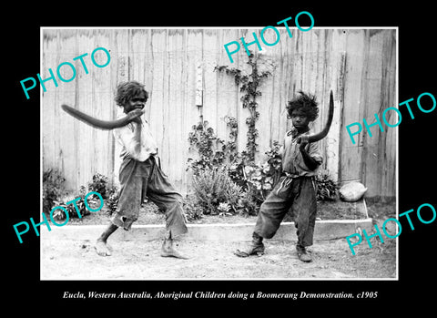 OLD LARGE HISTORIC PHOTO EUCLA WA, ABORIGINAL KIDS WITH BOOMERANG c1905