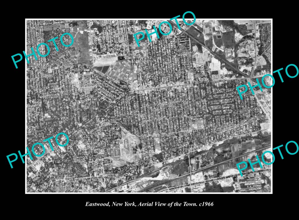 OLD LARGE HISTORIC PHOTO EASTWOOD NEW YORK, AERIAL VIEW OF THE TOWN c1966