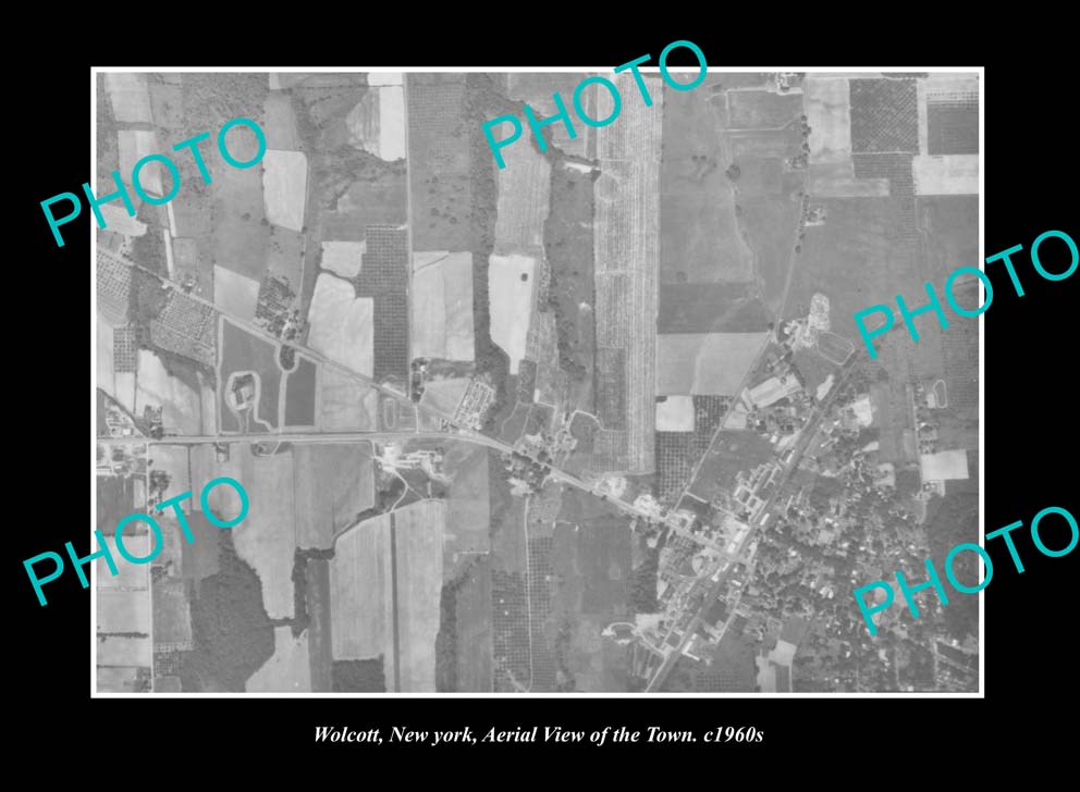 OLD LARGE HISTORIC PHOTO WOLCOTT NEW YORK, AERIAL VIEW OF THE TOWN c1960s