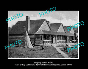 OLD LARGE HISTORIC PHOTO RANGELEY LAKES MAINE, THE LOG CABINS c1900