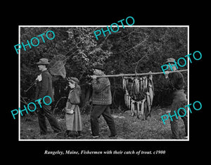 OLD LARGE HISTORIC PHOTO RANGELEY LAKES MAINE, FISHERMAN WITH THEIR CATCH c1900