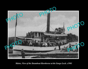 OLD LARGE HISTORIC PHOTO SONGO LOCK MAINE, VIEW OF THE HAWTHORNE STEAMBOAT c1901