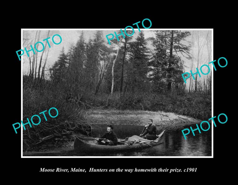 OLD LARGE HISTORIC PHOTO MOOSE RIVER MAINE, VIEW OF THE HUNTING PARTY c1901