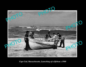 OLD LARGE HISTORIC PHOTO CAPE COD MASSACHUSETTS, LAUNCHING THE LIFEBOAT c1900