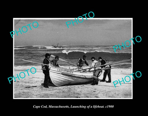 OLD LARGE HISTORIC PHOTO CAPE COD MASSACHUSETTS, LAUNCHING THE LIFEBOAT c1900