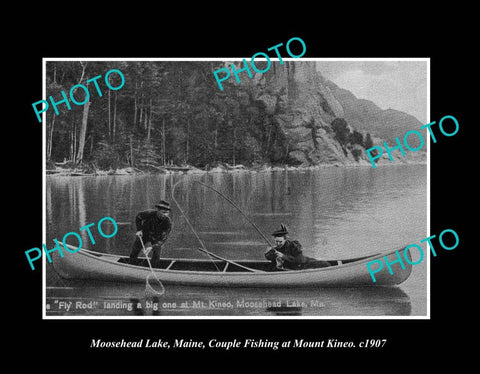 OLD LARGE HISTORIC PHOTO MOOSEHEAD LAKE MAINE, VIEW OF A COUPLE FISHING 1907