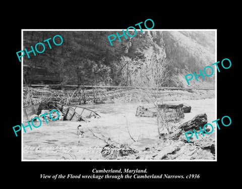 OLD LARGE HISTORIC PHOTO CUMBERLAND MARYLAND, THE NARROWS FLOOD WRECKAGE c1936