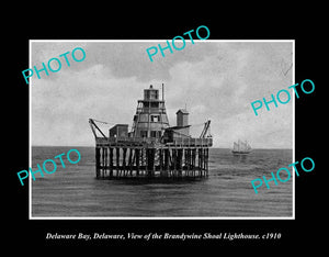 OLD LARGE HISTORIC PHOTO DELAWARE BAY, THE BRANDYWINE SHOAL LIGHTHOUSE c1910