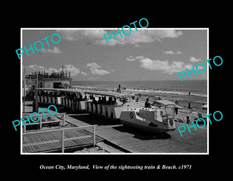 OLD LARGE HISTORIC PHOTO OCEAN CITY MARYLAND, THE TRAIN ON THE BEACH c1971