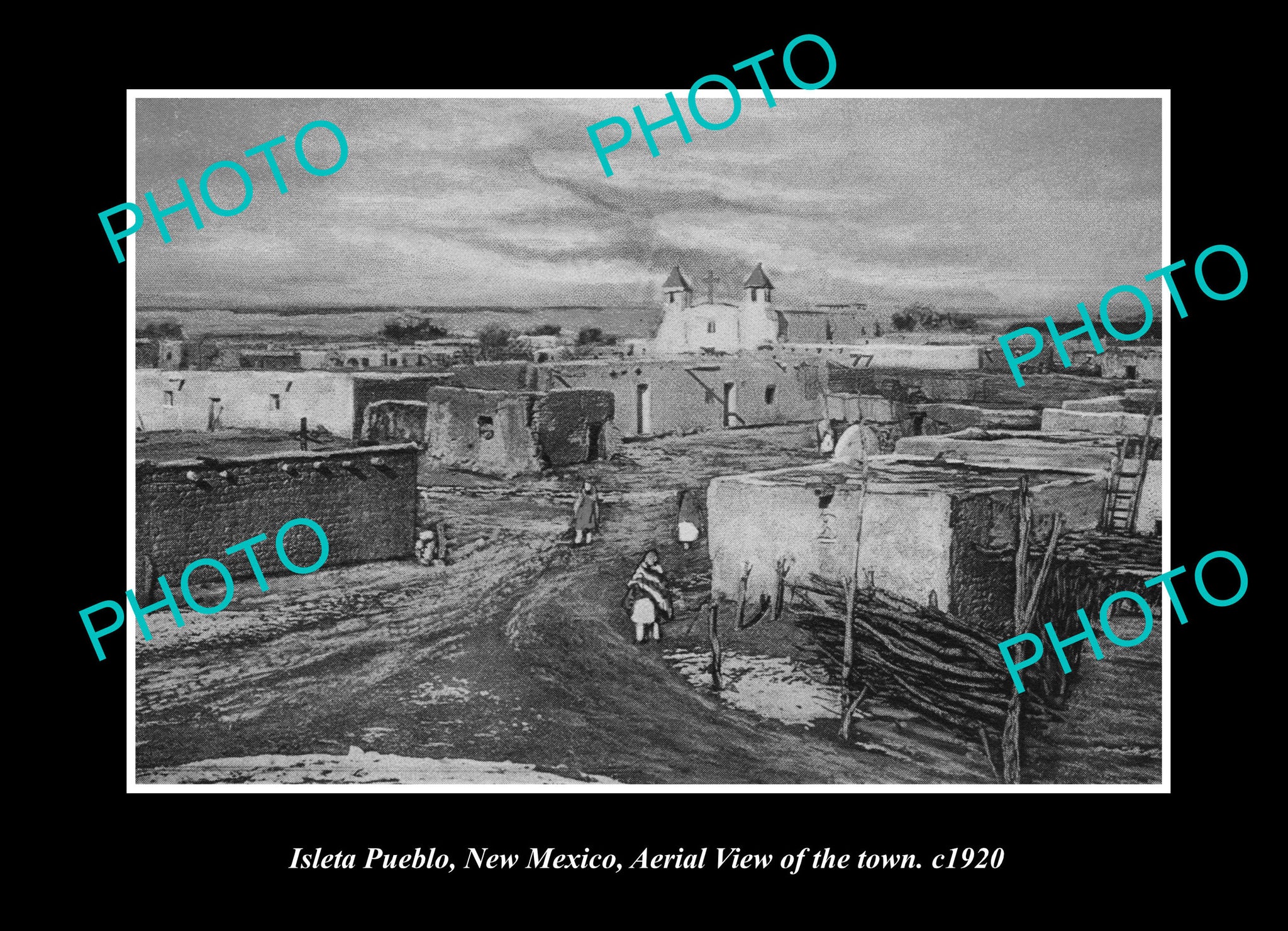 OLD LARGE HISTORIC PHOTO ISLETA PUEBLO NEW MEXICO, VIEW OF THE TOWN c1920