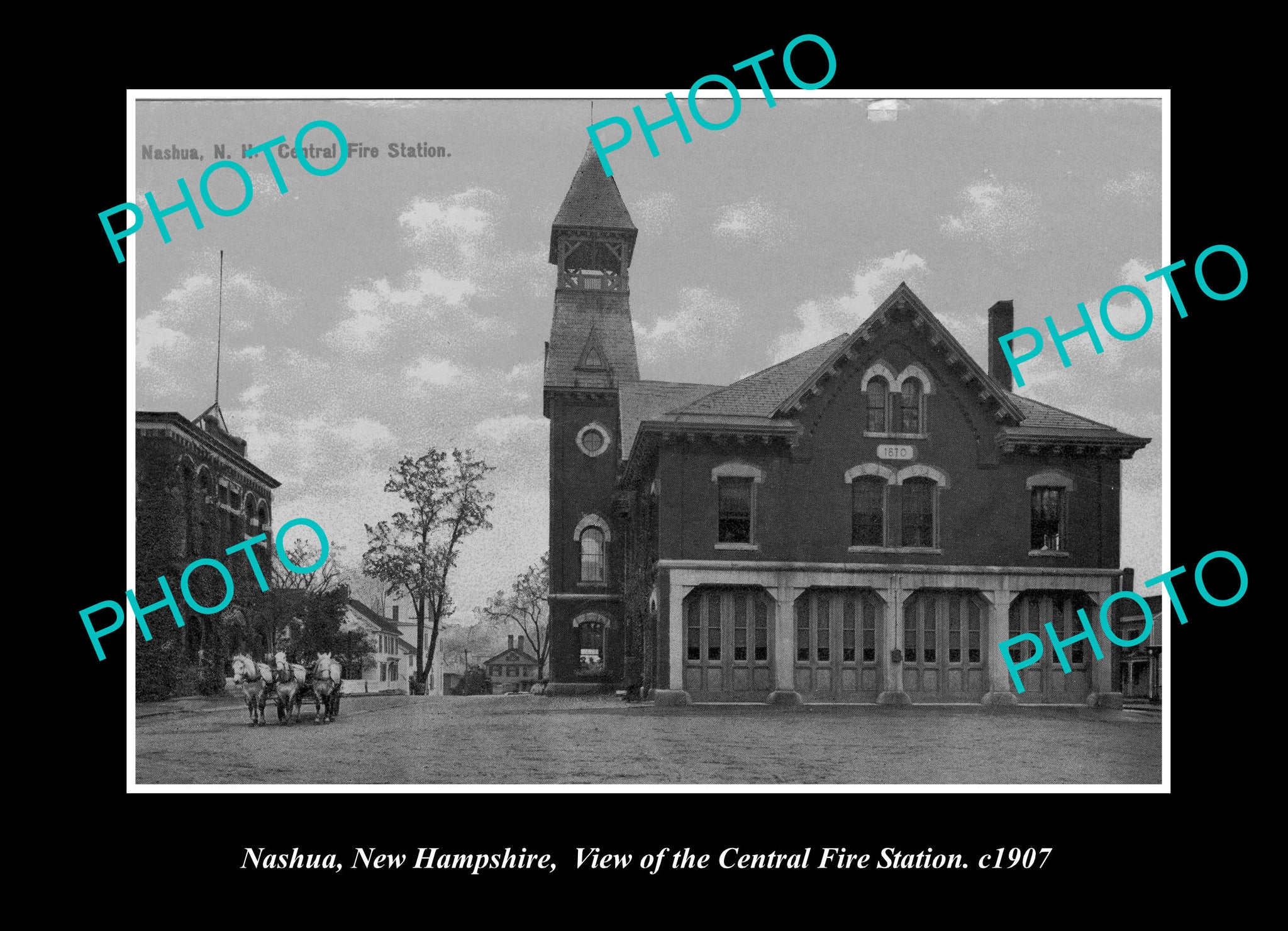 OLD LARGE HISTORIC PHOTO NASHUA NEW HAMPSHIRE, THE CENTRAL FIRE STATION c1907