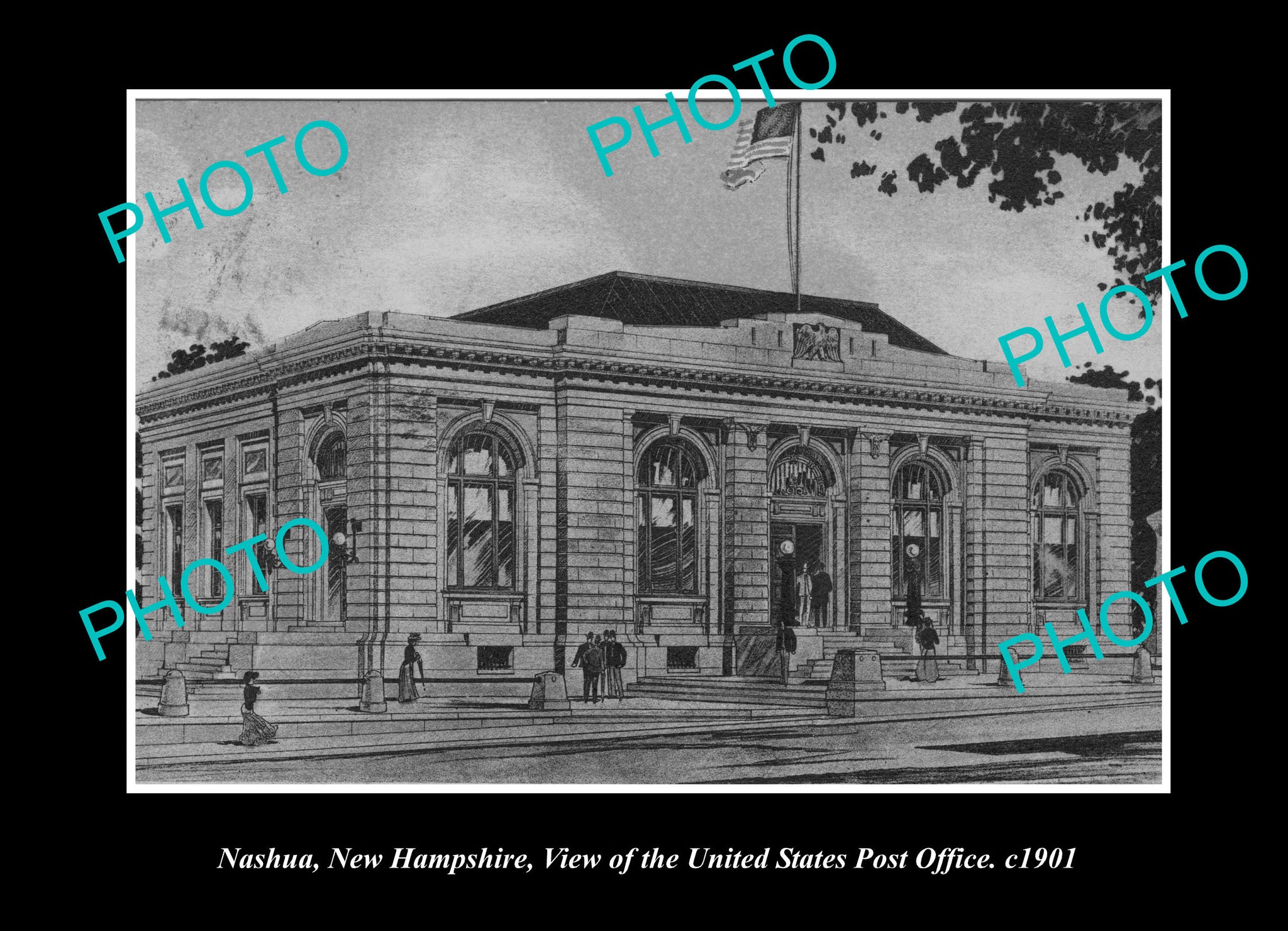 OLD LARGE HISTORIC PHOTO NASHUA NEW HAMPSHIRE, VIEW OF THE POST OFFICE c1901