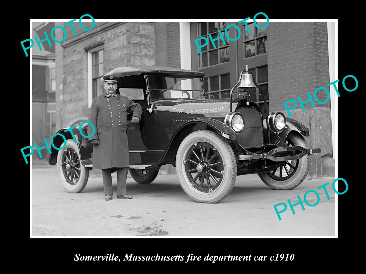 OLD LARGE HISTORIC PHOTO OF SOMERVILLE MASSACHUSETTS FIRE DEPARTMENT CAR c1910