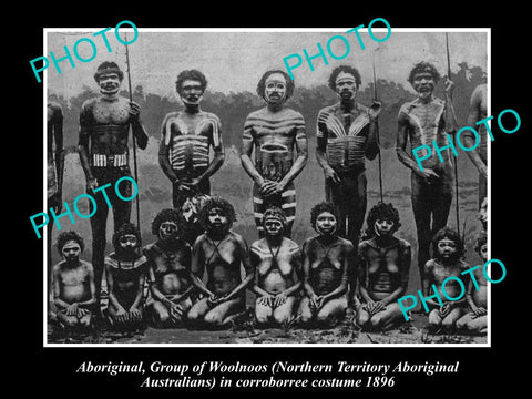 OLD LARGE HISTORIC PHOTO OF ABORIGINAL WOOLNOOS IN CORROBOREE COSTUMES c1896, NT