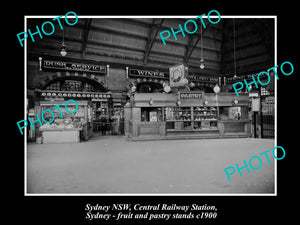 OLD LARGE HISTORIC PHOTO OF FRUIT & PASTRY STANDS AT SYDNEY RAILWAY STATION 1900
