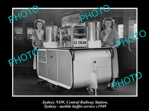 OLD LARGE HISTORIC PHOTO OF SYDNEY CENTRAL RAILWAY STATION BUFFET CART 1949 NSW