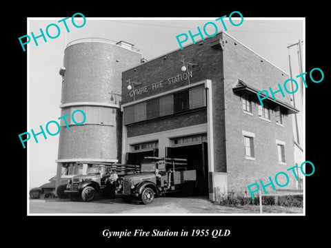 OLD LARGE HISTORIC PHOTO OF GYMPIE FIRE STATION & TRUCKS c1955 QLD