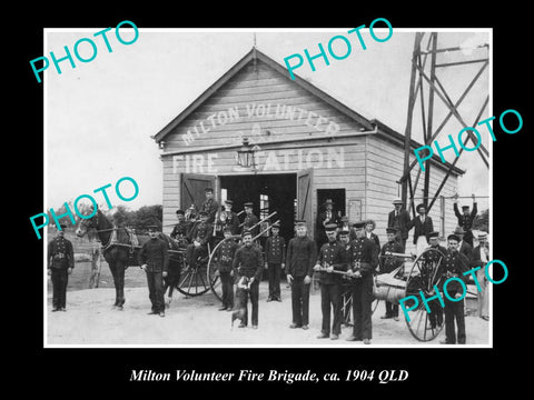 OLD LARGE HISTORIC PHOTO OF MILTON FIRE BRIGADE, STATION & CARTS c1904 QLD