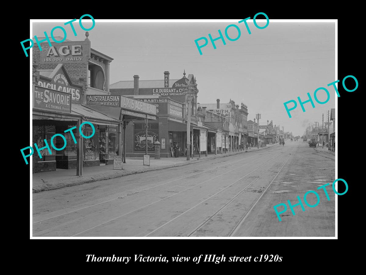 OLD LARGE HISTORIC PHOTO OF THORNBURY VICTORIA, VIEW OF HIGH St SHOPS c1920s