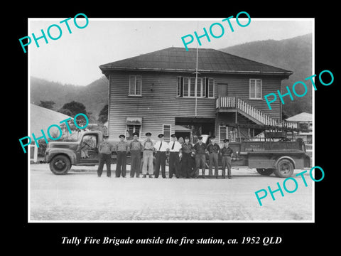 OLD LARGE HISTORIC PHOTO OF TULLY FIRE BRIGADE STATION & TRUCKS c1952 QLD